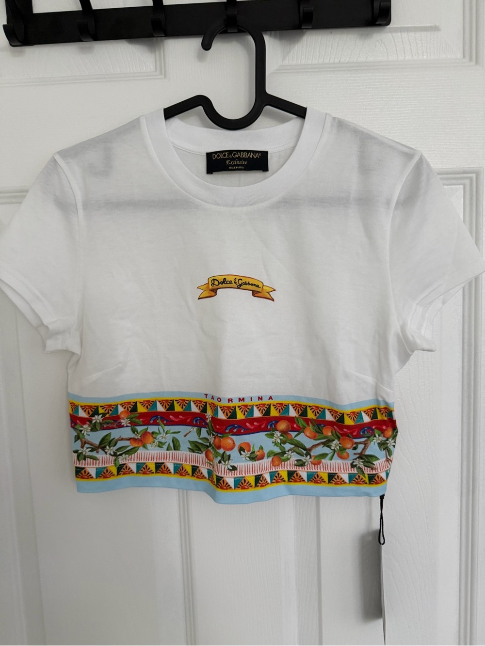 New Dolce & Gabbana White Graphic Crop Tee with Citrus Border